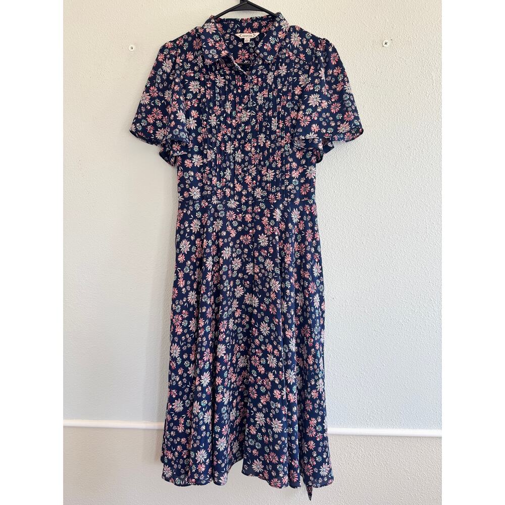 Nanette Lepore Short Sleeve Pleated Fit and Flare Floral Navy Dress Size 6